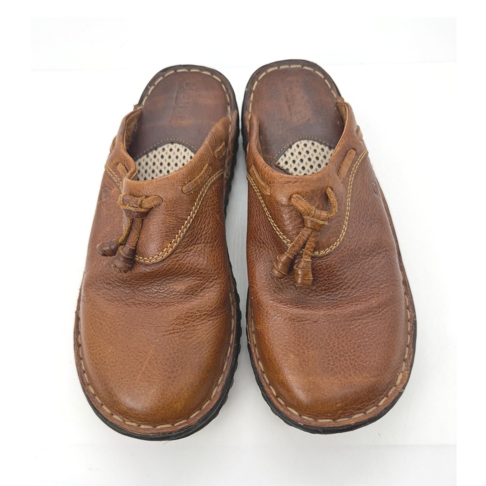 Vintage Born Brown Leather Clogs Tassel Slip On Mules Hand Stitched Womens small